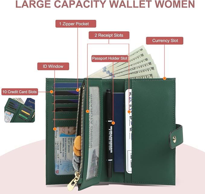 yiijay Womens Wallet RFID Blocking Vegan Leather Trifold Clutch Credit Card Holder Ladies Travel Wallet Purse with Pen Holder
