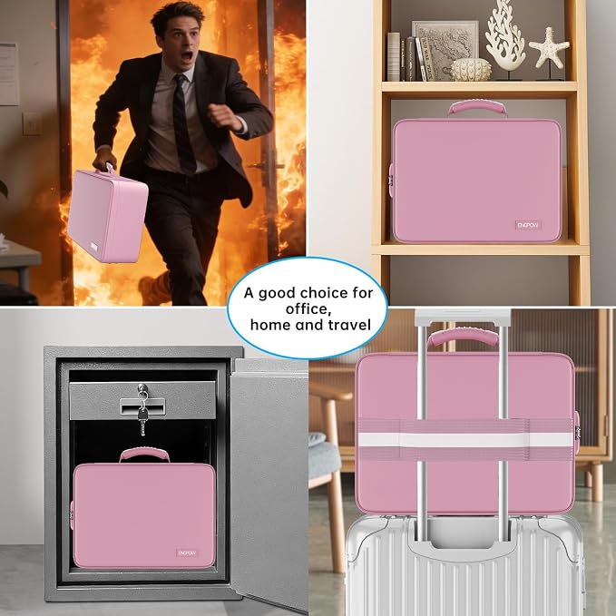 ENGPOW Fireproof File Organizer Bag with 13 Pockets Accordion File Folder | 5200℉ Document Organizer Box with Lock & Labels, Multi-Layer, Portable Home Safe Storage for Important Documents, Pink