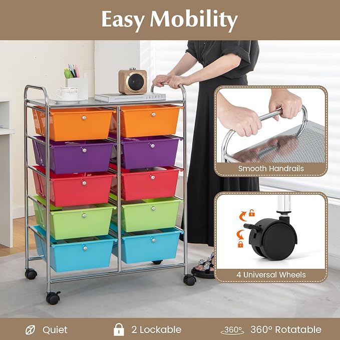 RELAX4LIFE Rolling Storage Cart with 10 Drawers - Craft Storage Cart with Lockable Wheels,Utility Cart, Art Cart Organizer for Crafting Storage, Studio, Office, Home, School Rolling Drawer Cart