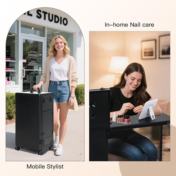 Rolling Portable Manicure Table with 3 Drawers, Lockable Makeup Train Case with Detachable Mirror, Foldable Nail Desk with Wheels & Handle, Mesa de Uñas Profesional para Nail Techs & Salon Use, Black