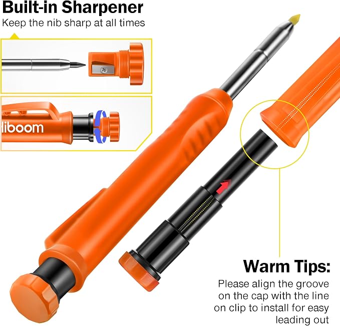 Hiboom Mechanical Carpenter Pencil with 7 Leads, Deep Hole Marker, Orange | Built-In Sharpener, Long Nose Construction Pencil, Pocket Clip Design, Woodworking Tools, Marks on Various Surfaces