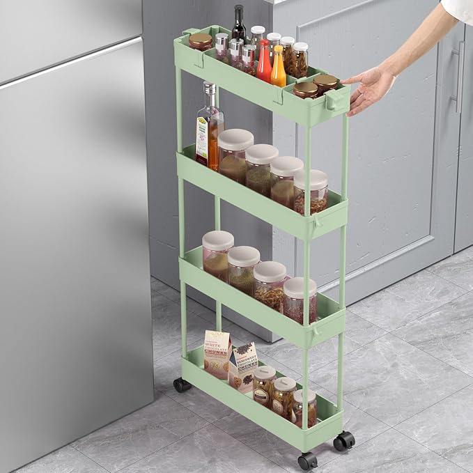 Slim Storage Cart 4 Tier,Bathroom Organizer Rolling Utility,Mobile Shelving Unit Slide Out for Office, Kitchen, Laundry Room & Narrow Places，Green