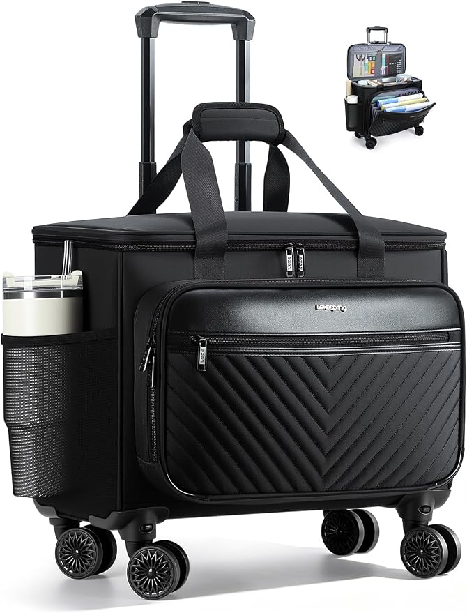Rolling Teacher Bag with 4-Wheels 360° Spinner, Hardside Large | Laptop Rolling Briefcase for Women Teacher Office Craft Nurse, Roller Tote Work Bag with Accordion File, V-Quilted Black