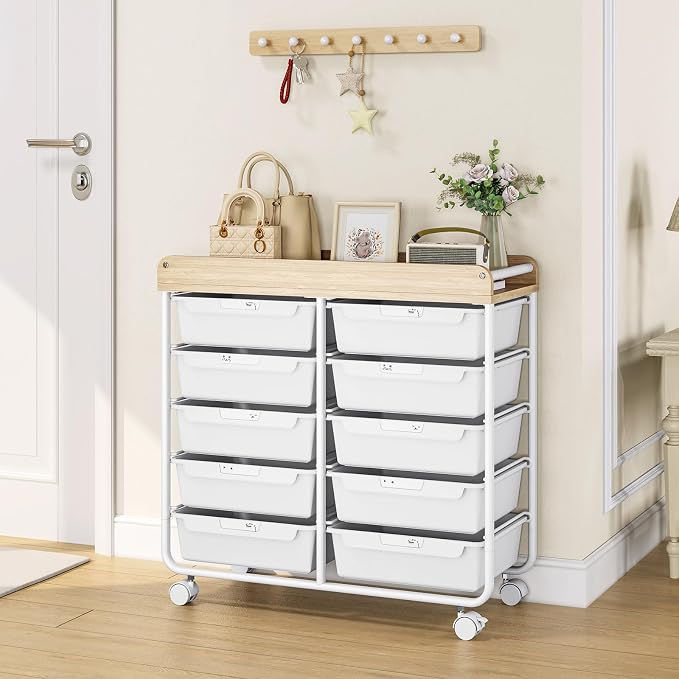 10 Drawers Rolling Cart with Wooden Tabletop, Utility Storage Cart with Wheels, Art Supply Craft Organizer on Wheel with Metal Frame & Handles for Home Office School (Pure White)