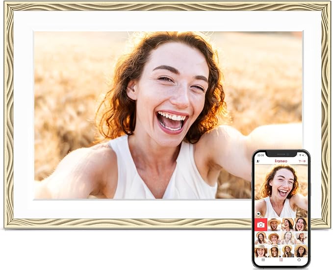 Frameo 10.1'' Digital Picture Frame WiFi, 1280 * 800 HD Touch Screen, 32GB Memory, Wall Mountable Digital Photo Frame, Auto-Rotate, Share Instantly, Wedding, Birthday Gifts for Mom, Gold