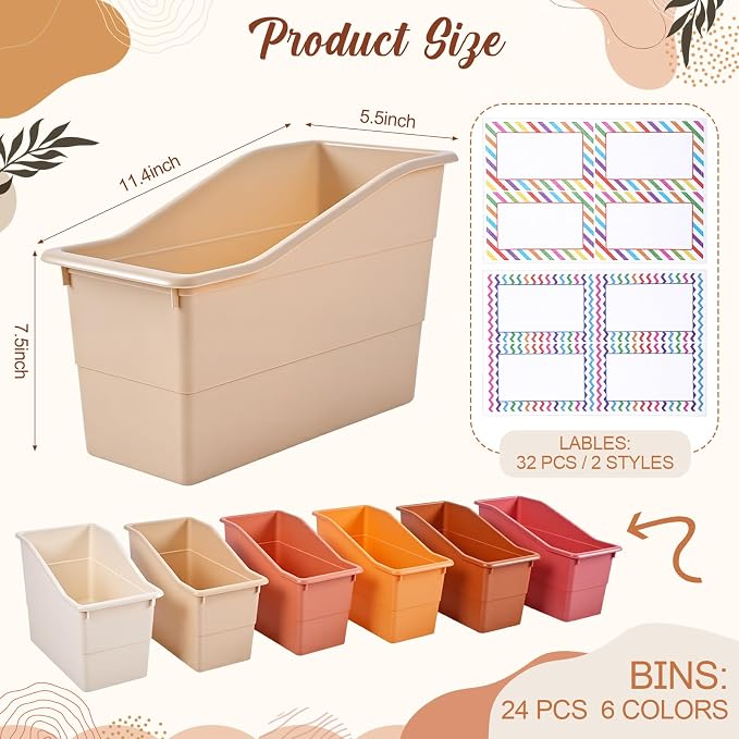 Blosssound 24 Set Book Bins for Classroom Stackable,Earth Tones | Plastic Baskets with Labels, Slanted Front, Library Supplies Organizers, Desktop Storage Bins, Teachers Home School Use