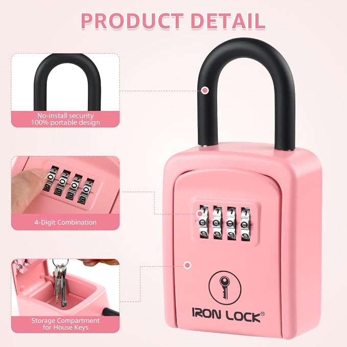 Iron Lock® Small Portable Key Lock Box with Code, U-Shackle (Small, Pink) | U-shackle opens fully out to loop over a handle, gate, latch or rail; rolling combination dials, no app, no battery