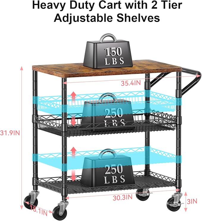 3 Tier Rolling Carts with Wheels, Heavy Duty Rolling Utility Cart with Wood Tabletop, Commercial Grade Metal Cart with Handle and Hooks, NSF Storage Serving Carts for Kitchen Island, Wood+Metal