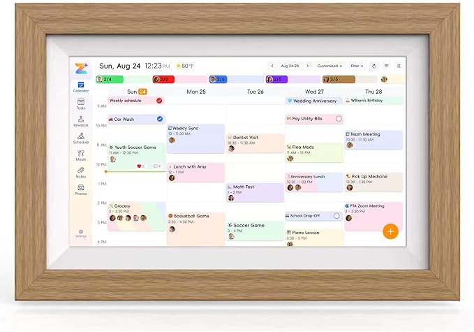 Smart Digital Calendar 10.1 Inch Touch Screen Family Organizer with Photo Frame, Wood Frame, Chore Chart and Meal Planner No Subscription