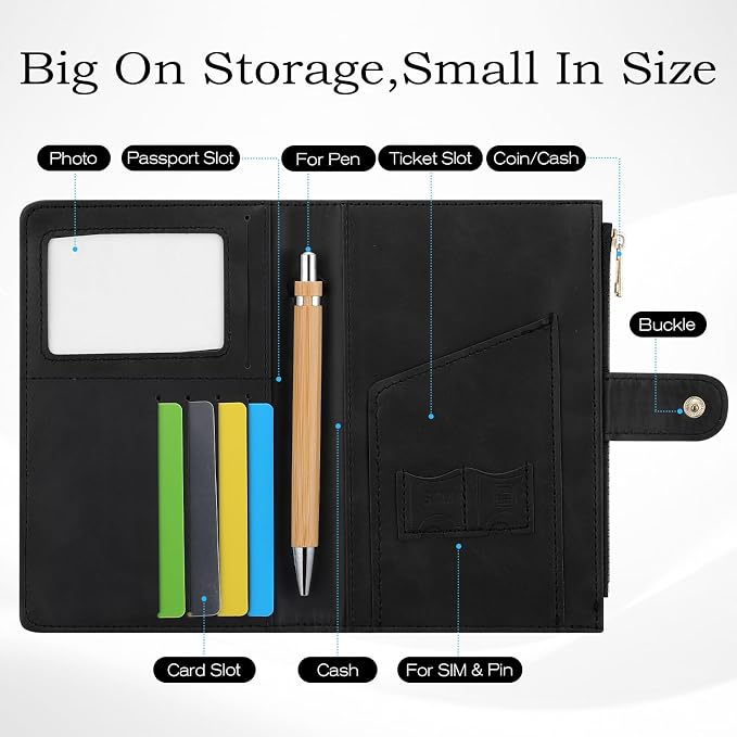 Leather Passport Holder with RFID Blocking,Slim Travel Passport Wallet Case | with Card Slots, Boarding Pass Holder, Pen Loop & SIM Card Trays, Cute Passport Cover for Women Men Family, Black