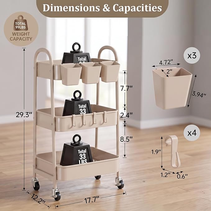 3-Tier Rolling Cart, Utility Cart Mobile Metal Rolling Storage Cart with Lockable Wheels & Hanging Cups & Hooks for Kitchen, Bathroom, Office, Workshop, Beige