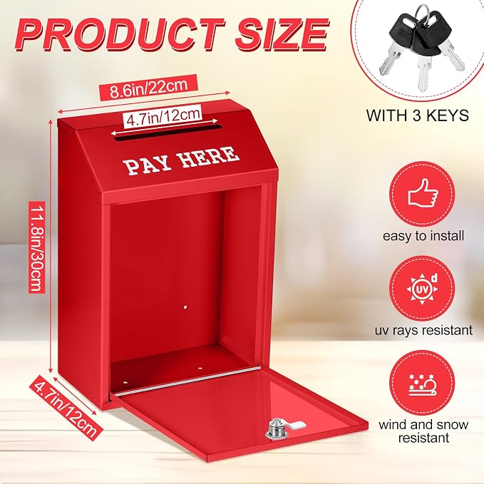 Yaocom Safe Metal Cash Box for Farm Stand – Money Drop and Secure Donation Collection, Wall Mount Lockable Unit with Pre Drilled Holes for Outdoor Self Serve(Red,11.8 x 8.6 x 4.7 Inch)