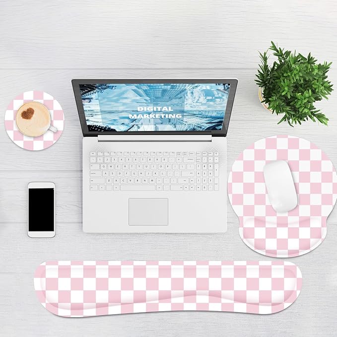 Ergonomic Mouse Pad with Wrist Rest and Keyboard Wrist Rest, Mousepad | Memory Foam Wrist Rest for Computer Keyboard, Pain Relief, Non-Slip Base, Mouse Pad Wrist Support for Gaming, Pink Checkered