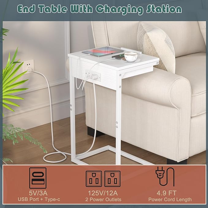 sthmec C Shaped End Table with Charging Station,45° Tiltable Adjustable Flip Top Side Table Set of 2,Small C Table Set 2 for Small Spaces,Slide Under Couch Sofa Bedside Table Living Room,White