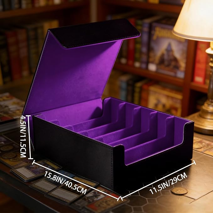 Magnetic Leather Trading Card Storage Box - 5-Row Deck Case Design, 3900+ Capacity for YuGiOh, MTG, TCG and Sports Cards, Includes 24 Colorful Dividers & 5 Card Supports（Black/Purple）