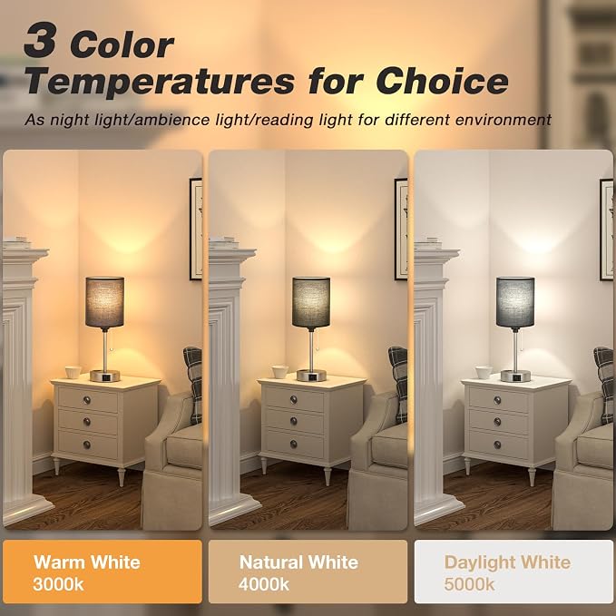 Small Bedside Table Lamp for Bedroom - Desk Lamp with USB Ports for Dorm | USB A+C Ports, AC Outlet, 3 Color Temperatures, LED Bulb Included, Black Fabric Shade, Sleek Silver, 14" Night Stand Lamp
