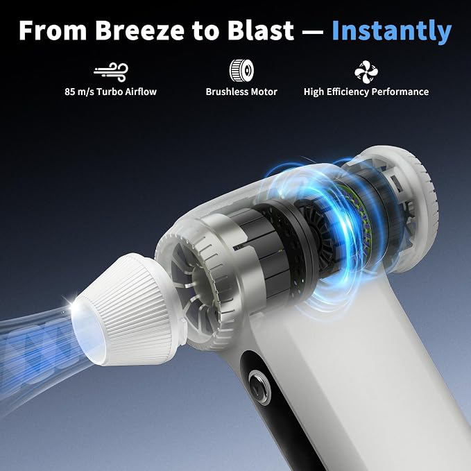 Electric Air Duster 200000RPM Brushless Motor, Cordless Compressed Air Blower with 4 Nozzles & 2 Brushes, 85m/s Powerful Rechargeable Cleaner for PC, Car, Keyboard & Electronics (Frost Silver)