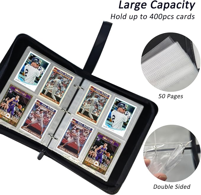 Trading Card Binder 4 Pockets, 3-Ring Zipper 400 Pockets Card Holder Book with 50 Removable Sleeves, Card Folder Album for Trading Cards, Game Cards