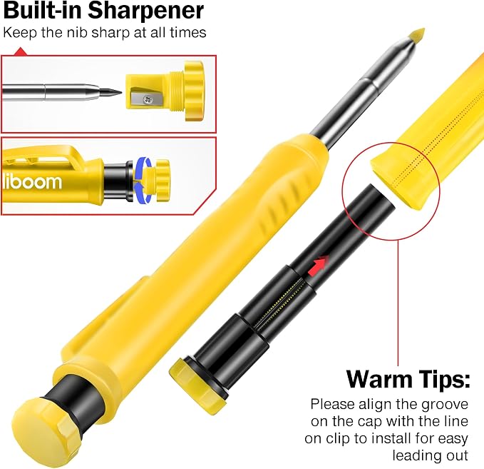 Hiboom 2 Pack Mechanical Deep Hole Carpenter Pencil, 14 Refills | Deep Hole Marker, Long Reach Tip, Built-in Sharpener, Wood, Metal, Concrete, Construction, Woodworking, Architect