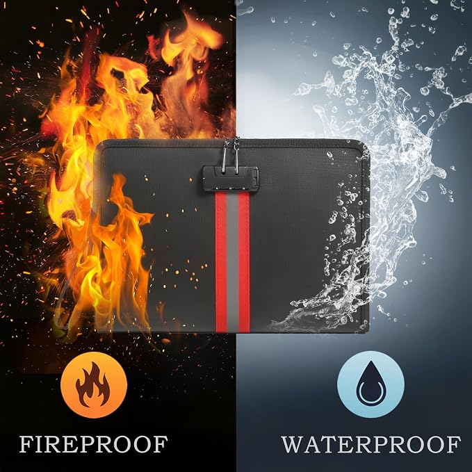 Fireproof Document Bag with Lock,13"×9"×1" Fireproof and Waterproof Cash Bag with Zipper, Premium Fiberglass, Fire Safe Storage for Documents, Passports, Cash, Valuables