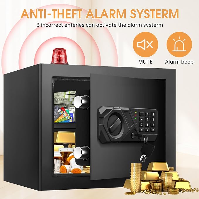 1.2 Cub Small Fireproof Safes for Home, Digital Home Safe Fireproof Waterproof with Programmable Keypad, Spare Keys and Removable Shelf, Fire Safe Box for Document Money Valuables