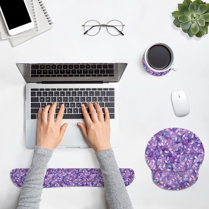 Ergonomic Mouse Pad Set with Wrist Rest, Purple Leaves | Oil Painting Non-Slip Rubber Base Wrist Cushion Support and Coasters Mousepad with Wrist Support for Computer Keyboard