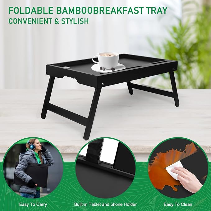 Artmeer Bamboo Bed Tray Table with Device Slot, Folding Legs, Large, Black | FSC-certified bamboo bed tray with folding legs, device slot and handles for meals, laptops, reading and serving in bed.