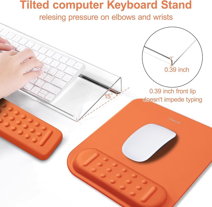 MOSISO Keyboard Stand&Wrist Rest Support for Keyboard &Mouse Pad Set | Ergonomic Massage Wrist Rest Set, Easy Typing Working Acrylic Clear Stand for Office Home, Cosmic Orange