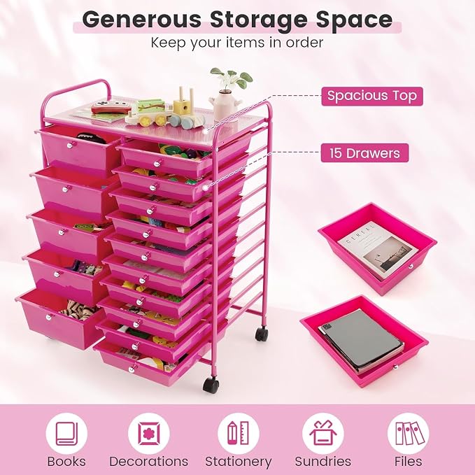 15 Drawer Rolling Storage Cart, Rolling Cart with Drawers for Classroom, Art Supply Craft Organizer on Wheel with Metal Frame & Handles for Home Office School