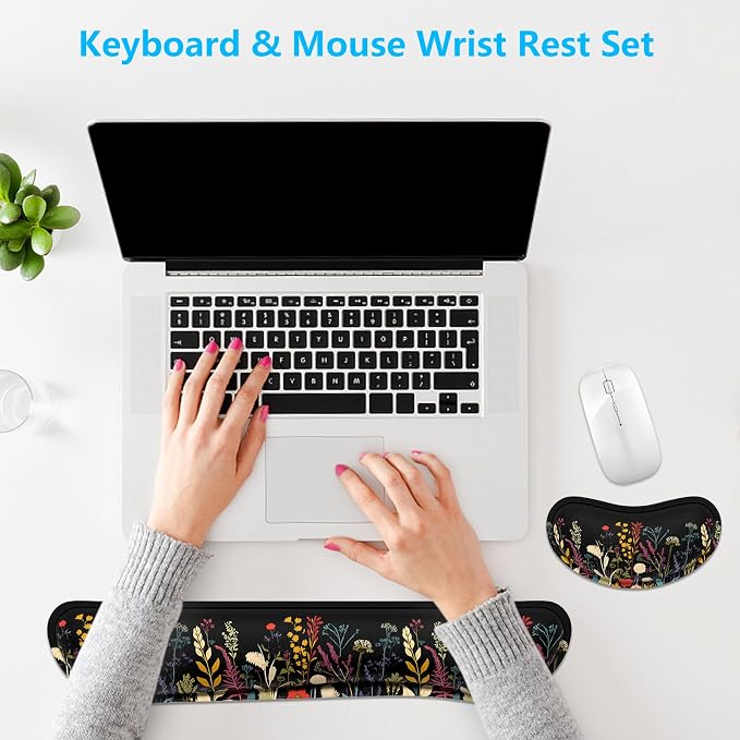 Dapesuom Enlarge Keyboard Wrist Rest, Memory Foam Wrist Cushion for Desk Mats Support, Typing Pain Relief Keyboard Mouse Pad Rests Set with Non-Slip Base for Gaming Laptop Computer, Floral Cartoon