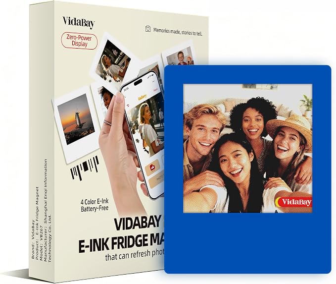E-Paper Fridge Magnet Classic Plus, E-Ink Battery-Free Instant Photo Style Display, Wireless NFC Picture Frame, Phone-Controlled Acrylic Memo Board for Party/Travel/Home & Gifts, Compatible iPhone 13 and Newer (Blue)