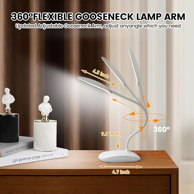 Portable Battery Powered Desk Lamp Small Rechargeable LED Table Light | 400 Lumen Eye Care,3 Color Temperatures,Stepless Touch Dimming,360° Adjustable for Nail Study Dorm Office Bedroom,White 2 Pcs