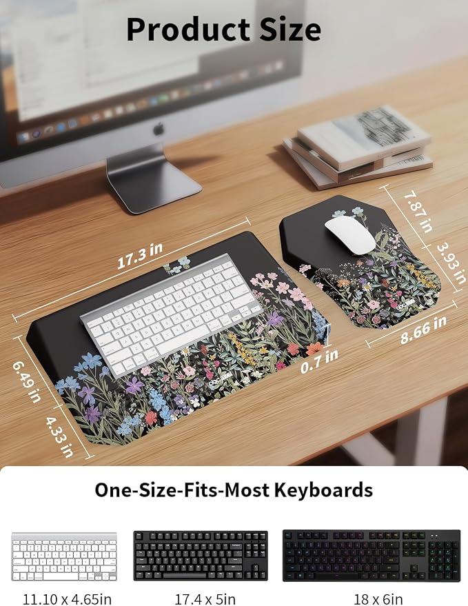 3-in-1 Ergonomic Keyboard Stand with Wrist Rest & Mouse Pad Set, Flower | Comfy Keyboard Riser Holder Soft Mousepad with Massage Design, Memory Foam and Non-Slip PU Base for Pain Relief