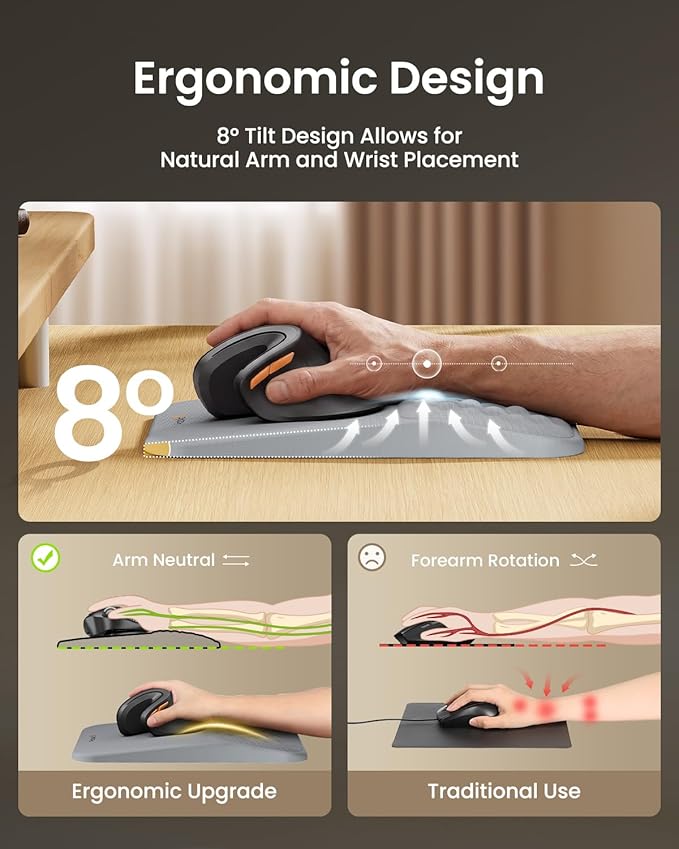 ProtoArc MP50 Ergonomic Mouse Pad with Wrist Support, Lycra Surface, Gray | 8° slope & massage points, soft memory foam, Large 12x8 Inches, Non-slip base. Relieves wrist strain for office & home
