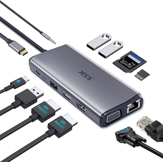 SSK Laptop USB C Docking Station Dual Monitor,HDMI 4K/60Hz Multiport Adapter 11 in 1 USB C Hub, Thunderbolt Dock Triple Display with 2 HDMI+VGA,RJ45 Ethernet,100W PD,3 USB for MacBook