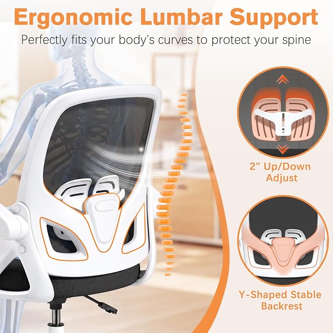 ORRSAKER Drafting Chair, Tall Office Chair with Flip-up Arms, Mesh Ergonomic Computer Standing Desk Chair with Adjustable Height Foot Ring and Lumbar Support, 300 LBS Capacity, White