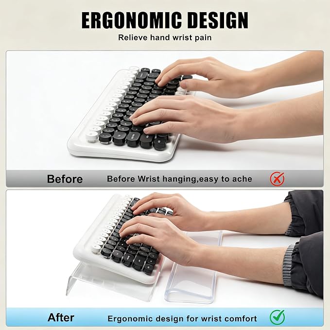 Acrylic Computer Keyboard Stand with Gel Wrist Rest Set-(Clear White Set) | Keyboard Riser for Desk Easy Typing with Gel Keyboard Wrist Pad, Anti-Slip Comfort Jelly Clear Wrist Rest Relief Pain