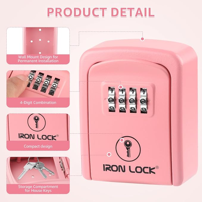 Iron Lock® Small Wall Mount Key Lock Box for Keys Outside (Pink) | Combination Lock, Resettable 4-Digit Code, Screw-In Wall Mount, Weather-Resistant Metal, No Battery or App, Holds 2 to 5 Keys
