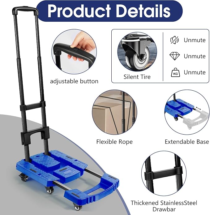 Voipvvii Folding Hand Truck 500lbs, Portable Heavy Duty Dolly Cart, 6 Wheels Collapsible Luggage Cart with 2 Elastic Ropes - Compact Trolley Cart for Easy Moving - Ideal Hand Cart for Travel and More