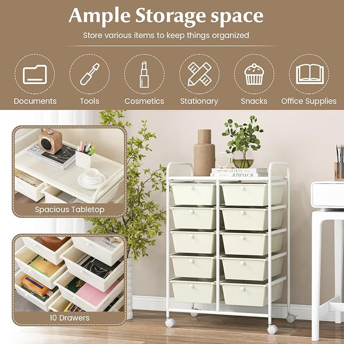 RELAX4LIFE 10 Drawer Storage Cart - Ivory Metal Frame Rolling Art Cart Organizer with Lockable Wheels, Utility Cart for Crafting Storage, Office, Home, School