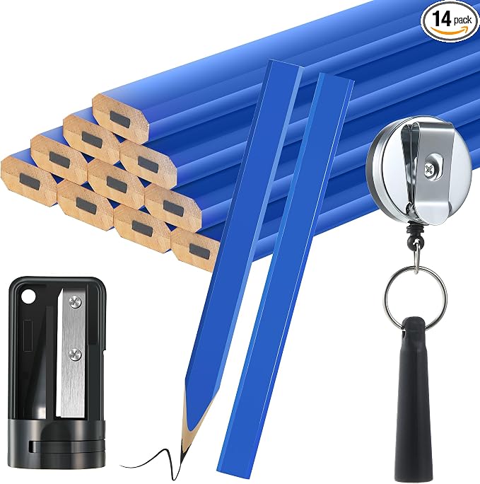 Hiboom 14Pcs Carpenter Pencil, 7" Flat Octagonal Hard Black Marking Pencil | with Pencil Sharpener & Silicone Heavy Duty Retractable Pen Holder, Carpenter Marking Pencils for Woodworking Marking Tool