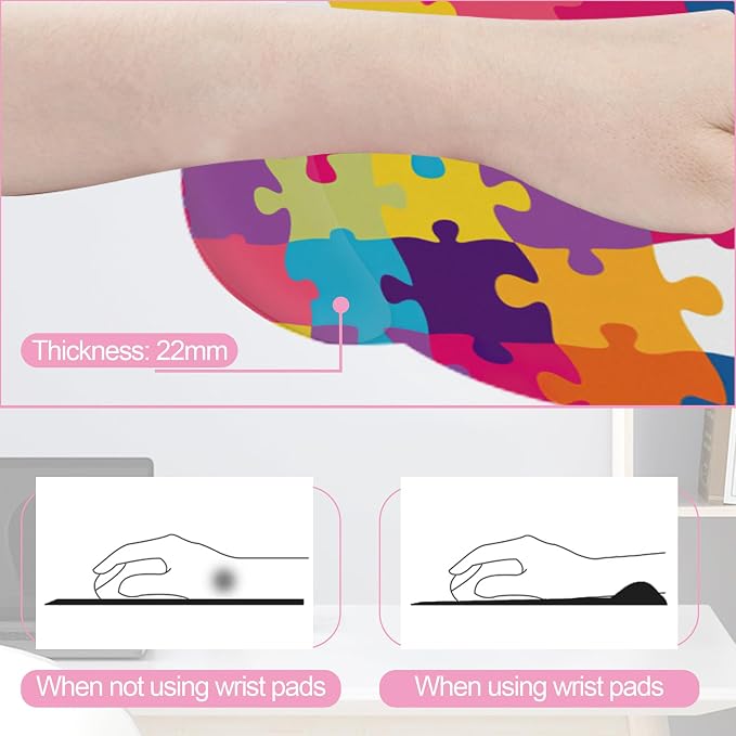 Autism Awareness Puzzle Colorful Keyboard Wrist Rest Pad and Mouse Pad Wrist Support Set,3-in-1 Ergonomic Mouse Pad with Non-Slip Rubber Base for Home Office Game Computers Desk,