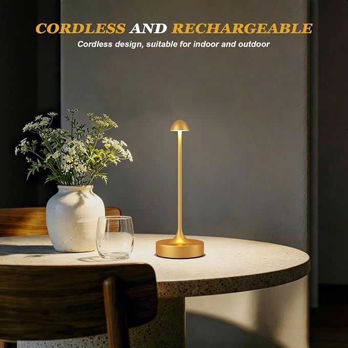 Kakanuo Rechargeable Cordless Table Lamp, Battery Operated Lamps, 3-Color Stepless Dimming, Portable Wireless Desk Lamp, LED Lighting for Dining Room, Restaurant, Office, Bar, Home(Gold 2 Pack)