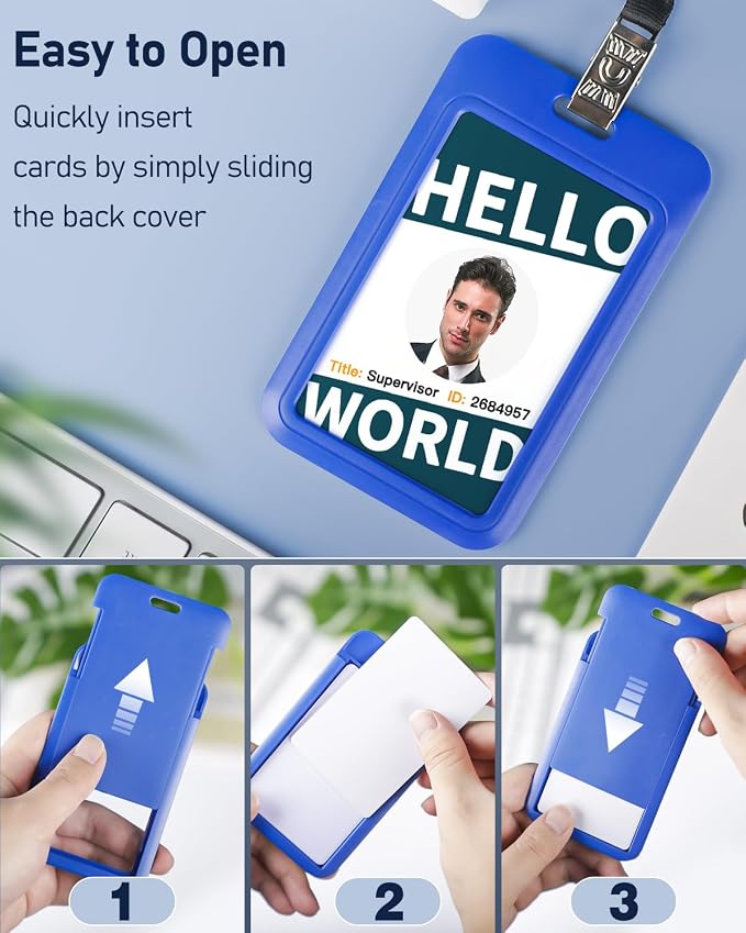 Uniclife 3 Pack Sliding ID Badge Holder Vertical Hard Plastic Case with Clear Window Blue Card Protector Pouch for Office School ID Credit Cards Proximity Key Cards Driver’s Licenses and Passes