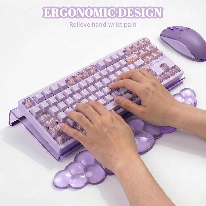 Acrylic Computer Keyboard Stand with Gel Cloud Wrist Rest Keyboard Riser with Comfortable Clear Silicone Mouse Wrist Pad Ergonomic Tilted Transparent Keyboard Holder for Desktop Office Purple