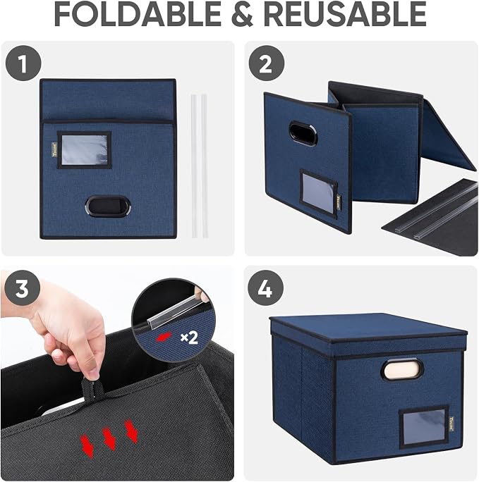 BALEINE File Organizer Box with Lid, Collapsible Hanging File Storage Box | Smooth Plastic Rails, Textured Fabric Exterior, Collapsible Hanging File Folder Box for Office Document Storage