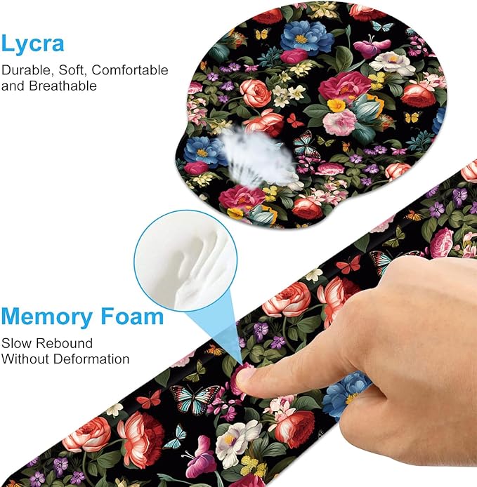 Keyboard Wrist Rest and Mouse Wrist Rest Pad with Cup Coaster,Made of Memory Foam,Ergonomic Support,Easy-Typing and Pain Relief,for Gaming Office Home Computer,Butterfly Flower