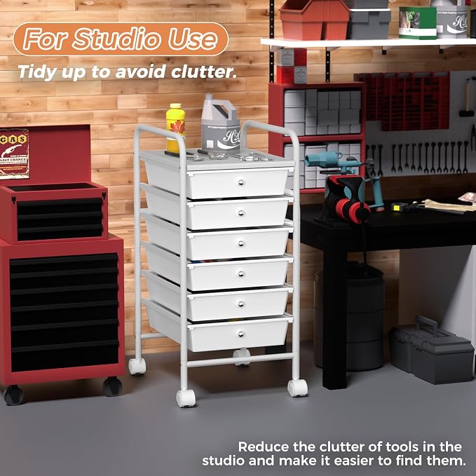 6 Tier Utility Rolling Cart with 6 Drawers Multipurpose Rolling Storage Cart with Wheels and Handles for Office Classroom Kitchen Bathroom Bedroom Organization White