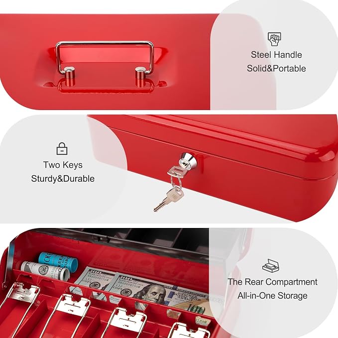 Jssmst Cash Box with Money Tray and Lock -Red Cash Box with Key Lock Safe Money Box Large, Locking Cash Register Drawer Box for Money, 11.8'' x 9.5'' x 3.5'', SM-CB005RED