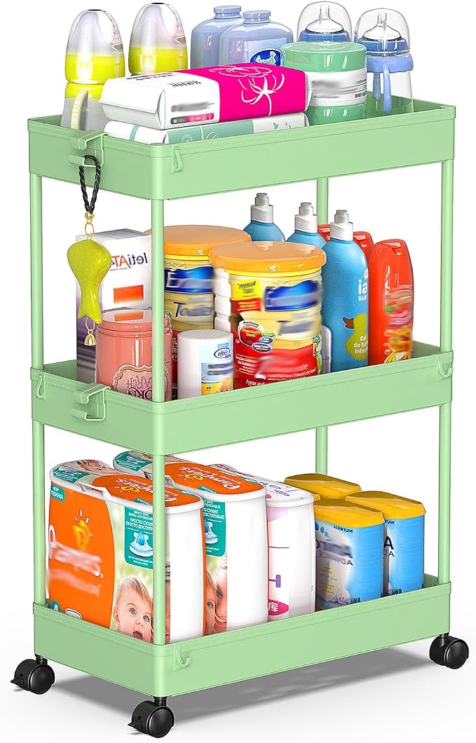 SPACEKEEPER 3 Tier Rolling Cart, Bathroom Cart Organizer with Wheels, Green | Mobile Storage Cart for Laundry Room Organization,Kitchen,Office,Bathroom, Utility Cart for Snack,Craft,Art,Makeup,Nail,Toys